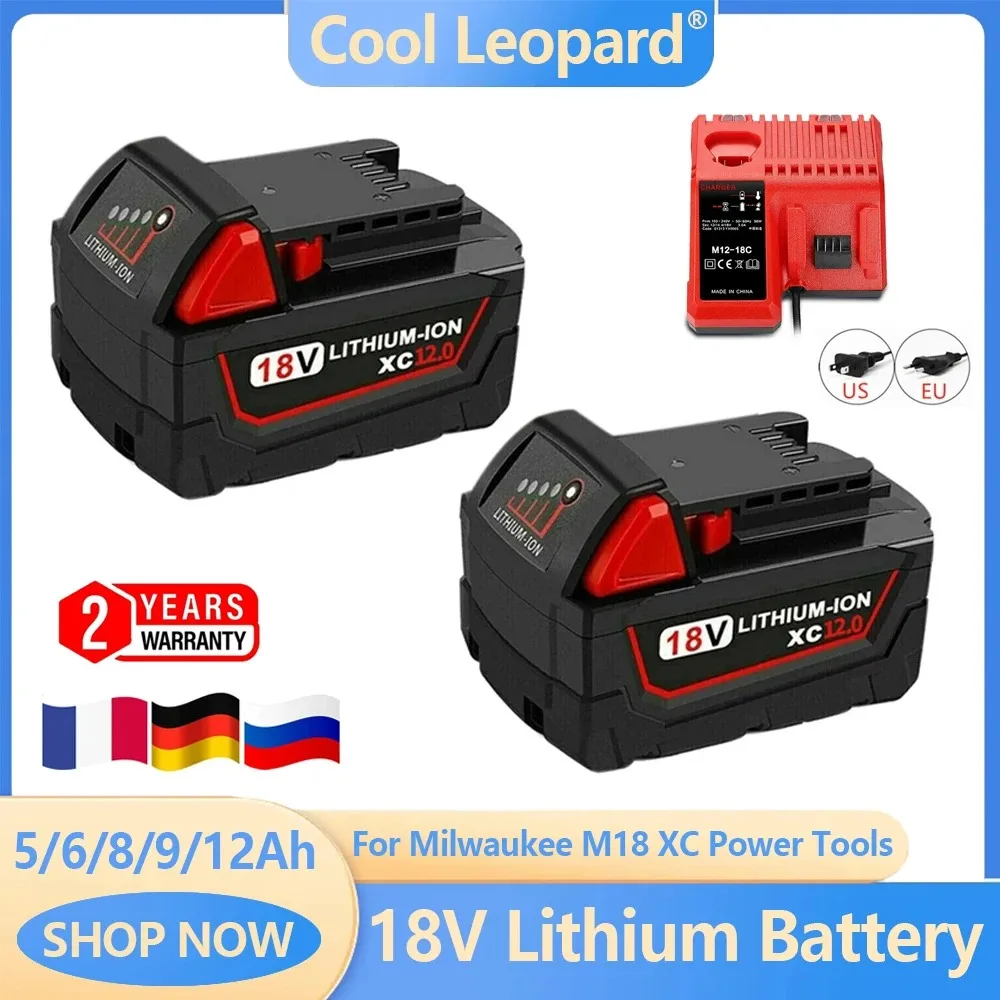 

18V Lithium Battery Original 12Ah Rechargeable Battery for Milwaukee M18 XC Power Tool M18B2 M18B4 M18B5 Batteries with Charger