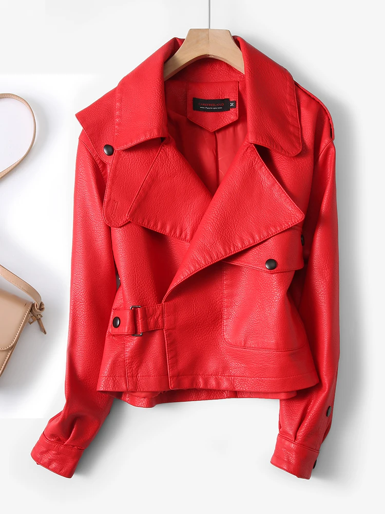 Real Sheep Leather Jacket Women's Short Biker Loose Korean Style Slimming Haining Coat Commute Wind Long Sleeve Pocket Detail