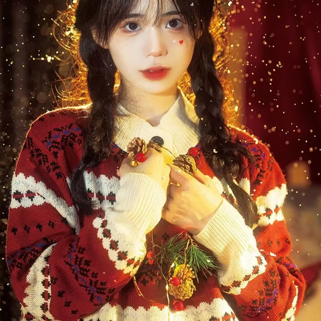 

Chic Button New Year's Red Christmas Knitted Sweater Women Jumper O-Neck Long Sleeve Knitted Jumpers Winter 2025 Korean Tops