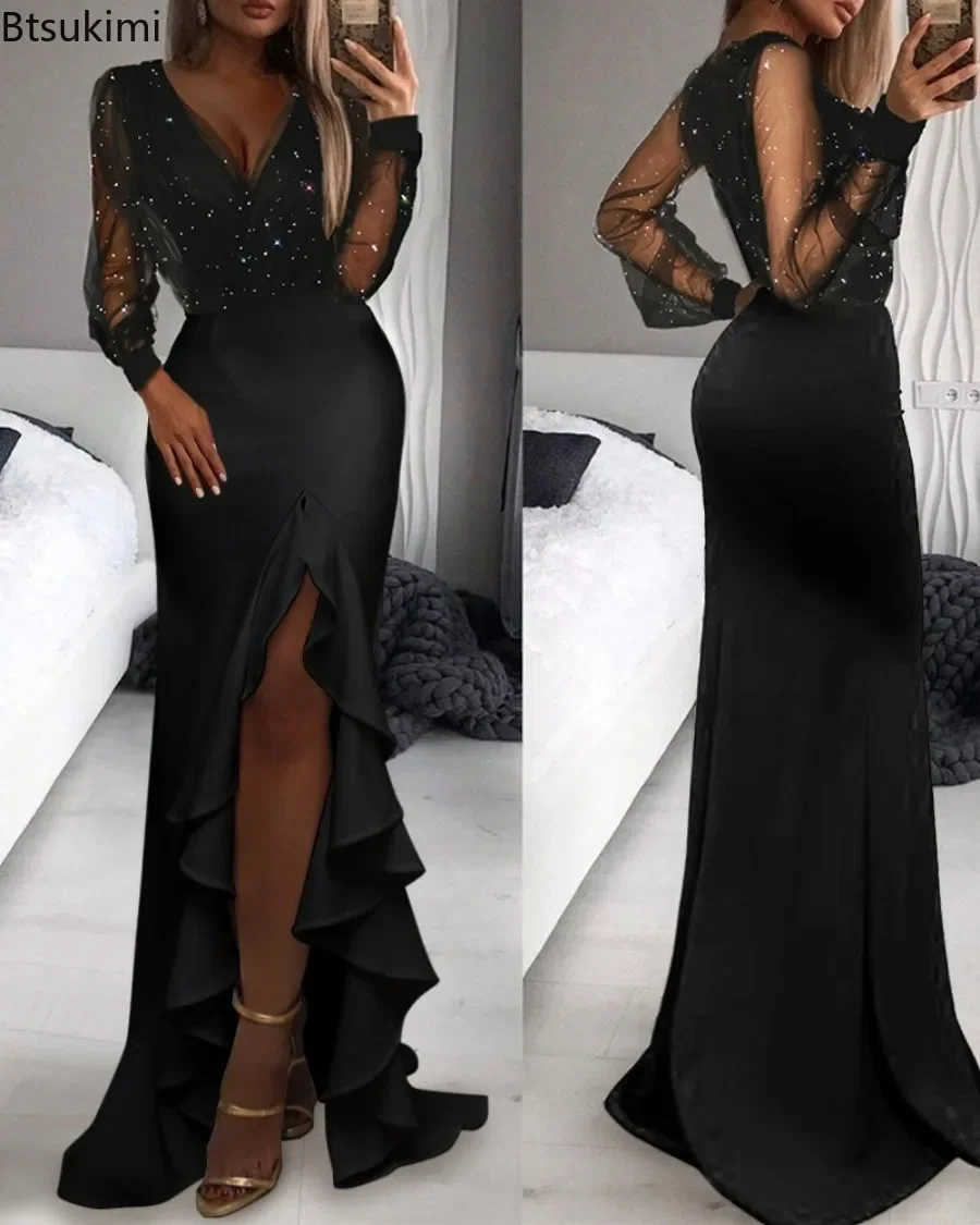 

New 2025 Women's Mesh Sequin Long Dress Black Deep V Neck Wrap Hip Split High Waist Female Irregular Ruffles Evening Party Dress