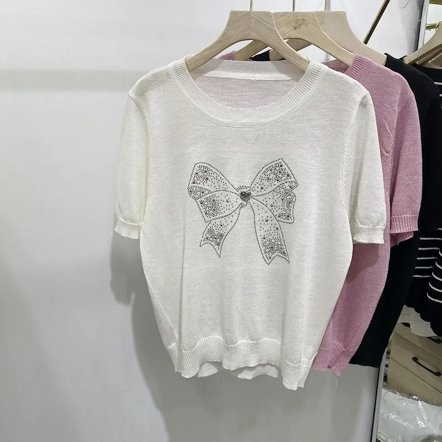 

2025 Summer New Knitted Sweater Thin Round Neck Korean Top Diamond-in Bow Bamboo Joints Ice Silk Short-sleeved Women