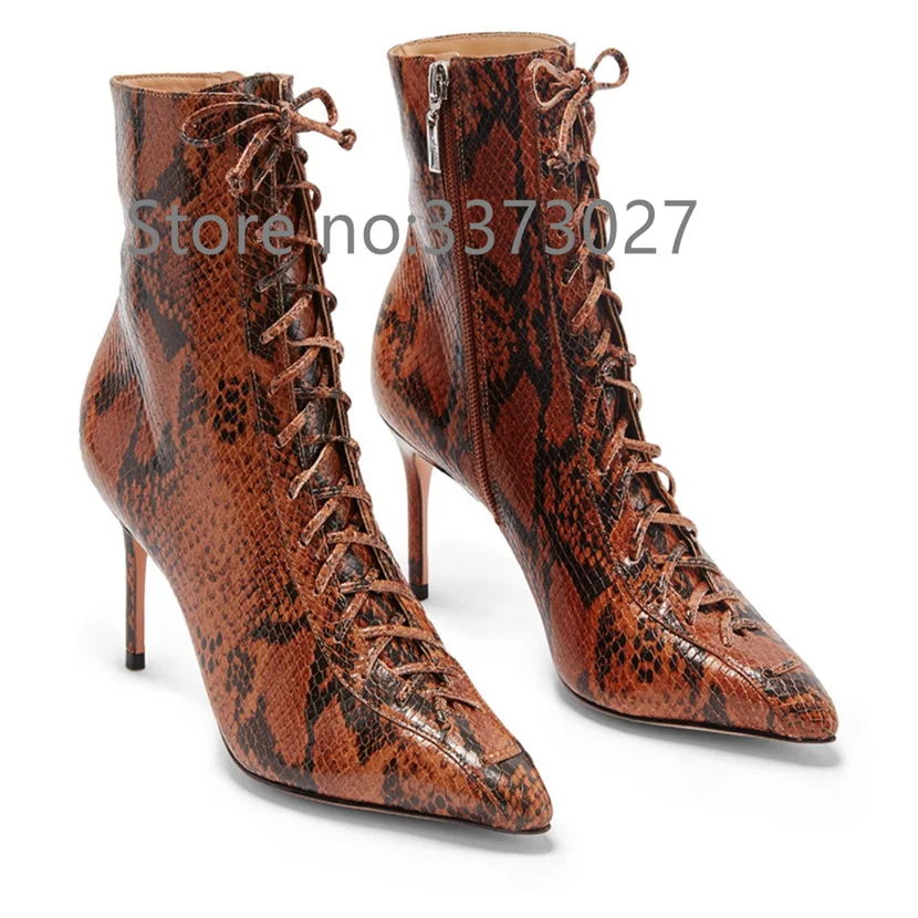 

Fashion Snake Pattern Stiletto Lace Ladies Short Boots Comfortable Sexy High Heels Party Shoes Women Casual Shoes