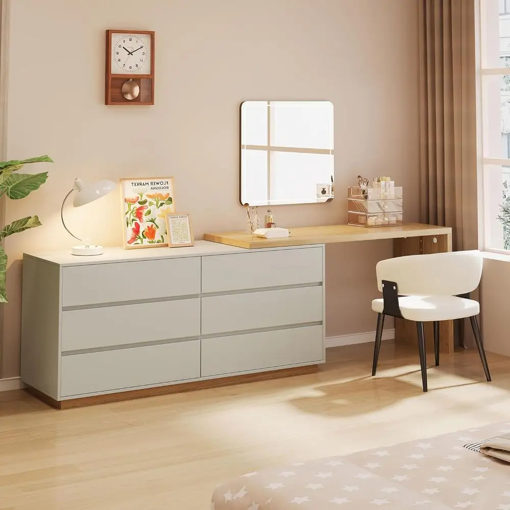 

Adjustable Expandable L-Shape Vanity Desk, 56-98.5, 6 Drawers, Makeup Table, Bedroom Dressing Organizer, Light Gray & Natural Wo