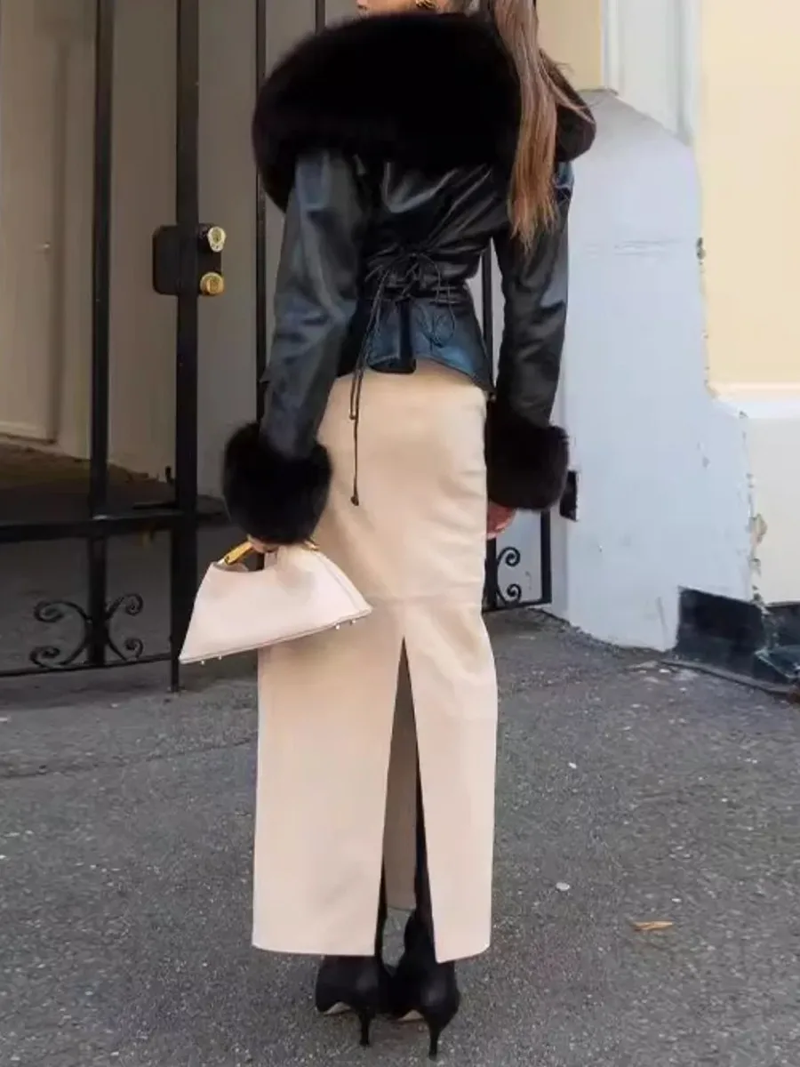 TWOTWINSTYLE سترات سهرة فاخرة للنساء بياقة من الفرو وأكمام طويلة نحيفة مقسمة مزدوجة الصدر معطف جلد PU أنثى جديد