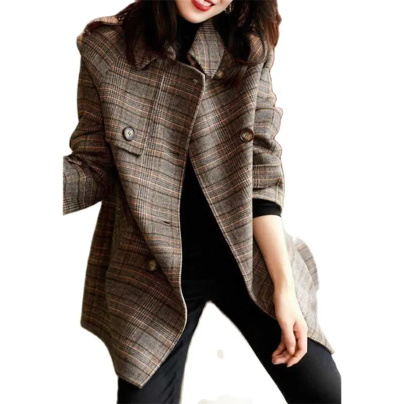 2022 Autumn and Winter New Plaid Coat Stitching Fashion Matching Slim Mid-length Double-Breasted Coat Female ins Tide Commuting