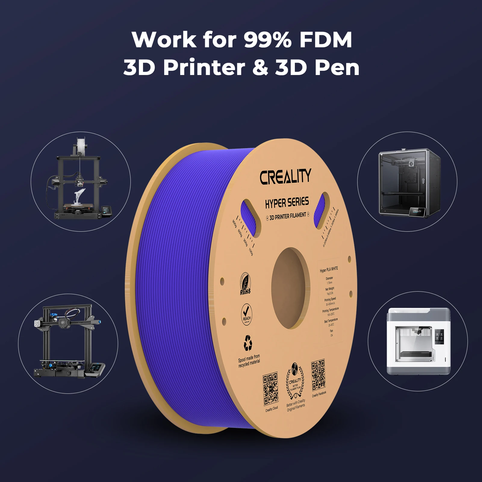خيوط Creality Hyper PLA 1.75 مم عالية السوائل عالية السرعة مادة طباعة ثلاثية الأبعاد بكرة بثق ثابتة الأبعاد 1 كجم