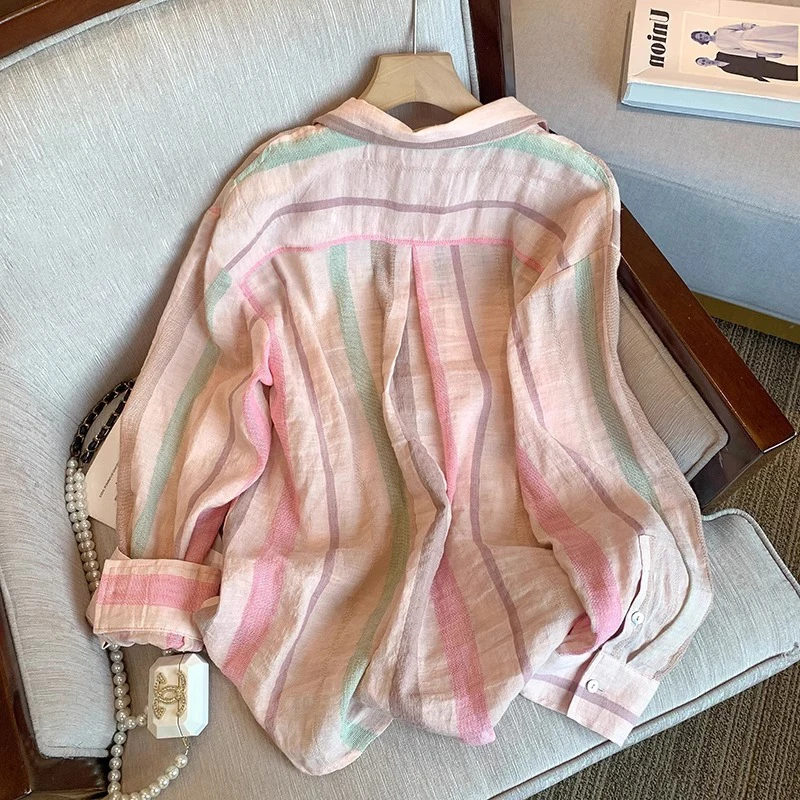 

Шикарный корейский длинный све в полоску irt, повседневный женский свободный воротник, ранняя осень, модный солнцезащитный топ