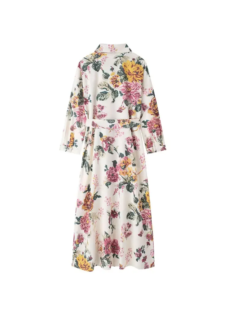 Midi-overhemdjurk met bloemenprint voor dames, riem, lange mouwen, knoopsluiting, damesjurken, chique mode