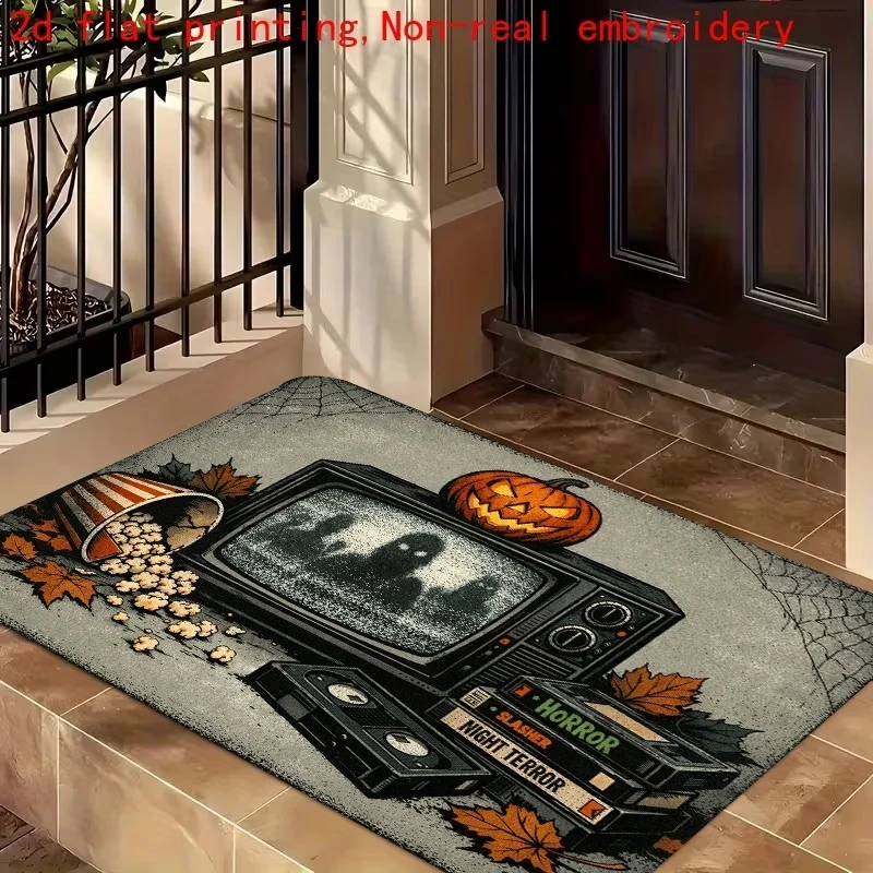 Newest Black Background Bird Skull Purple Mushroom Floral Print Halloween Doormat Non Slip Outdoor Front Entrance Floor Mat