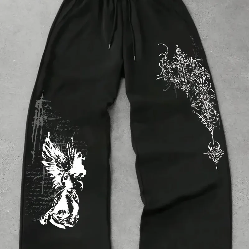 Men's Gothic Fallen Angel Printed Wide Leg Pants, Dark Aesthetic Cross Pants, Y2K Decadent Style Casual Pants