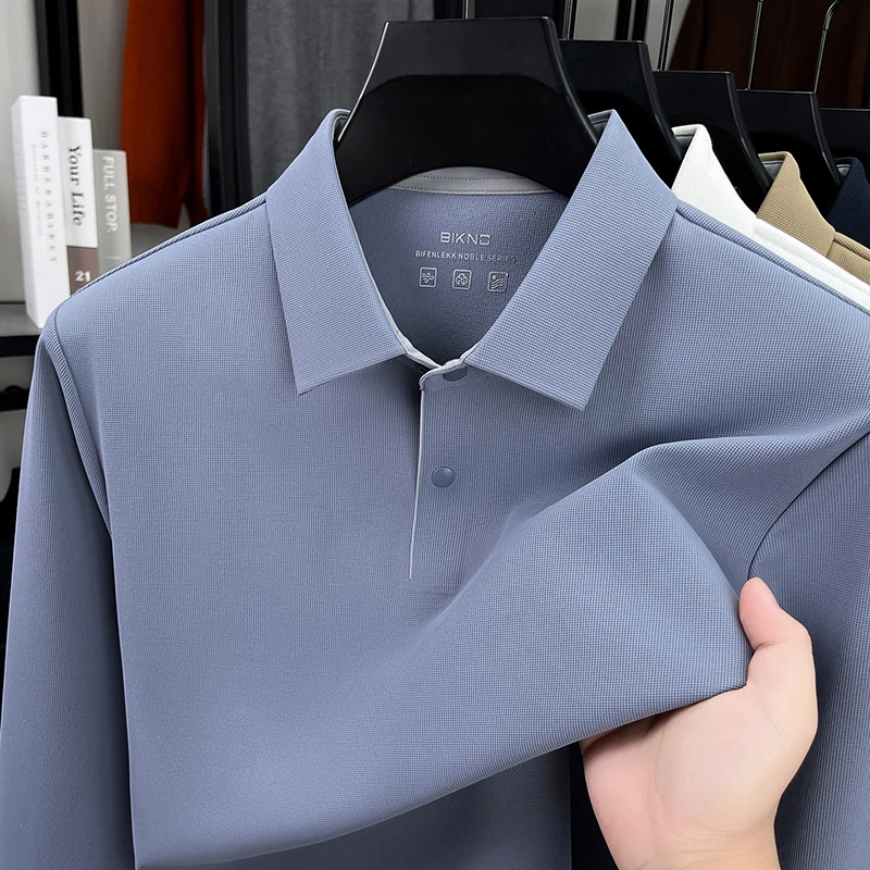 

Легкий роскошный тренд 2025, простая мужская футболка с длинными рукавами, деловая повседневная рубашка-поло с воротником, топ