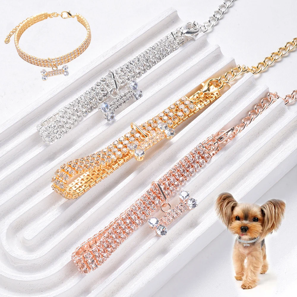 Pet Necklace Dog Supplies Cat Dog Adjustable Collar With Diamond Zircon Bone Pendant Jewelry Luxury Metal Copper Puppy Collars