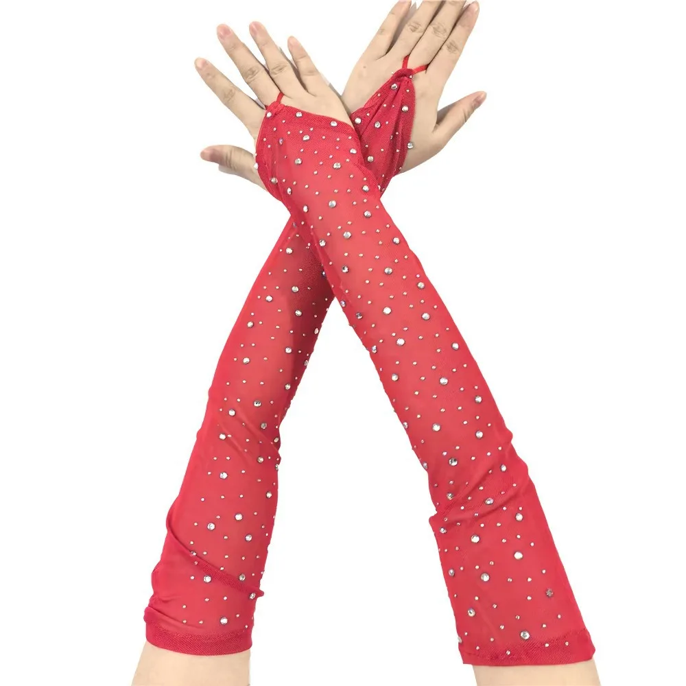 Rhinestone Mesh Fingerless Gloves Rhinestone Breathable Long Sunscreen Gloves Nightclub Dance Fingerless Arm Sleeves