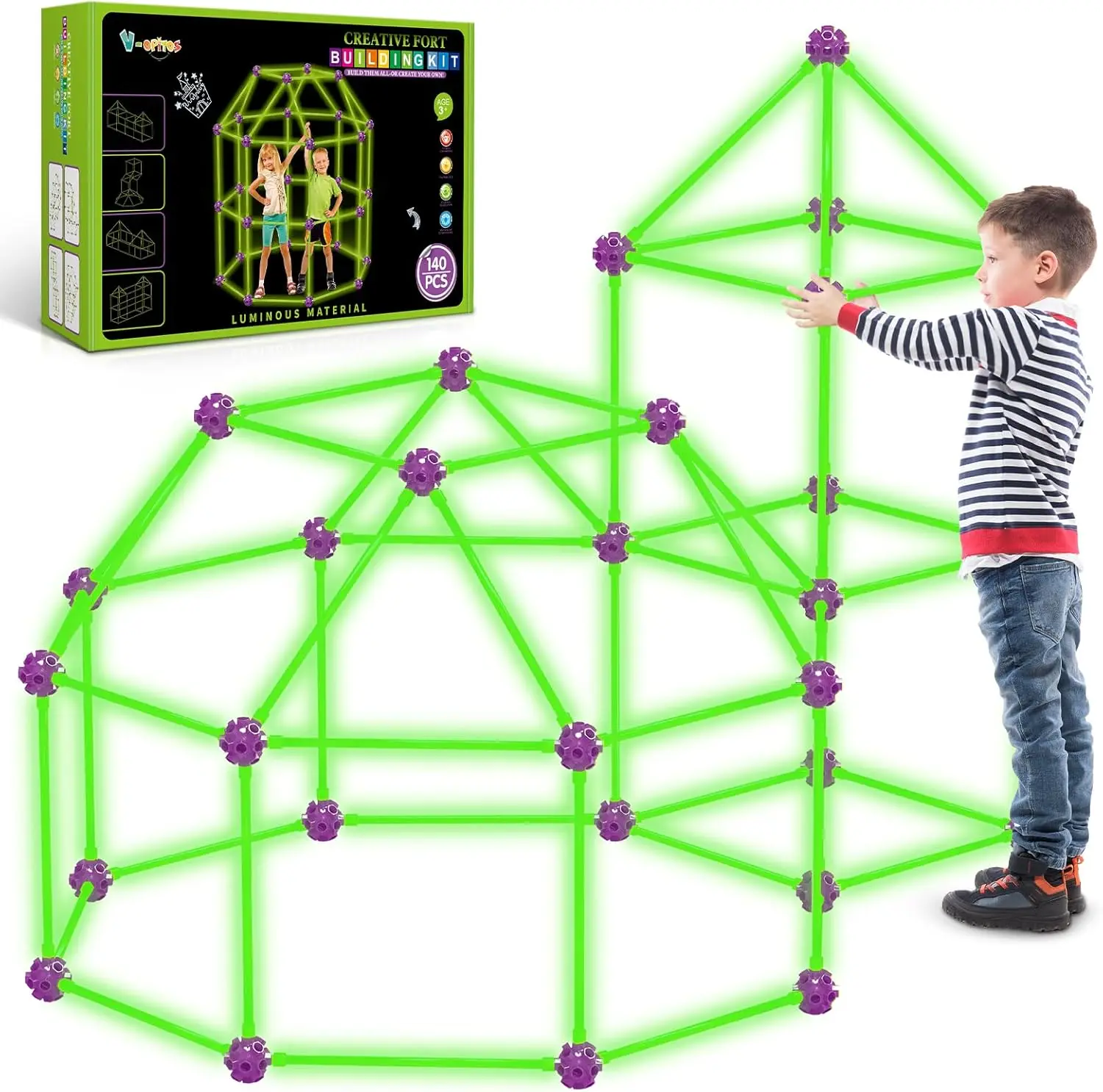 

140 Pcs Glow in the Dark Fort Building Kit for Kids Ages 4-8, STEM Building Toys for DIY Castles and Tunnels