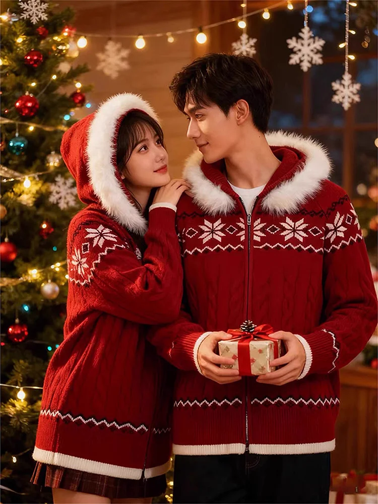 Thiened American Sle Cisas Sweater Coat for Men Red Knitted Sweater with Fur Collar Autumn Winter Couple Outfits