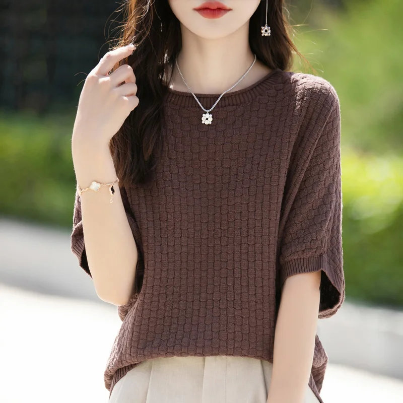 

Round neck cotton base shirt five points sleeve sleeve short knit short sleeve thin loose T-shirt sleeved top