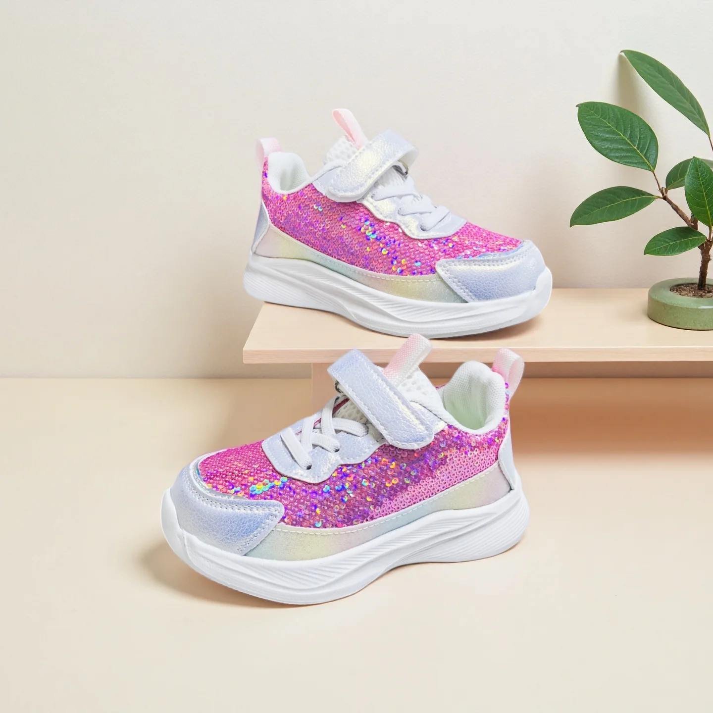 COMFY KIDS Girls Shiny Sequin Casual Sneakers Hook And Loop Closure Colorful Sparkly Daily Children Fashion Sport Shoes