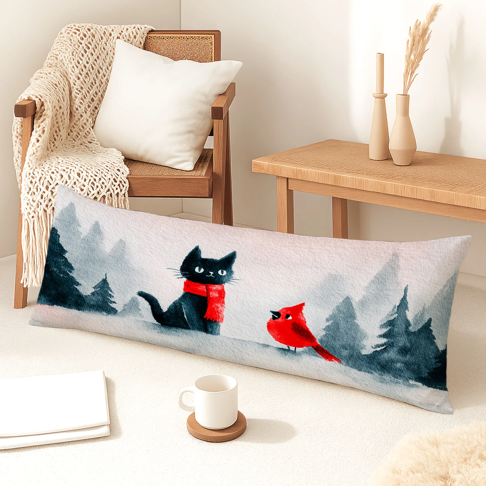 1pc Body Pillow Cover Christmas Decoration Cartoon Cute Cat Bird Scarf Pine Tree 20*54 Inches Suitable for Living Room Bedroom S