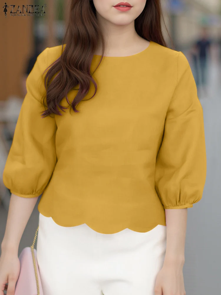

ZANZEA Women Blouses 2025 Loose Summer Tops Fashion Wavy Irregular Hem Casual Shirts Solid Color 3/4 Puff Sleeve Blusas Office