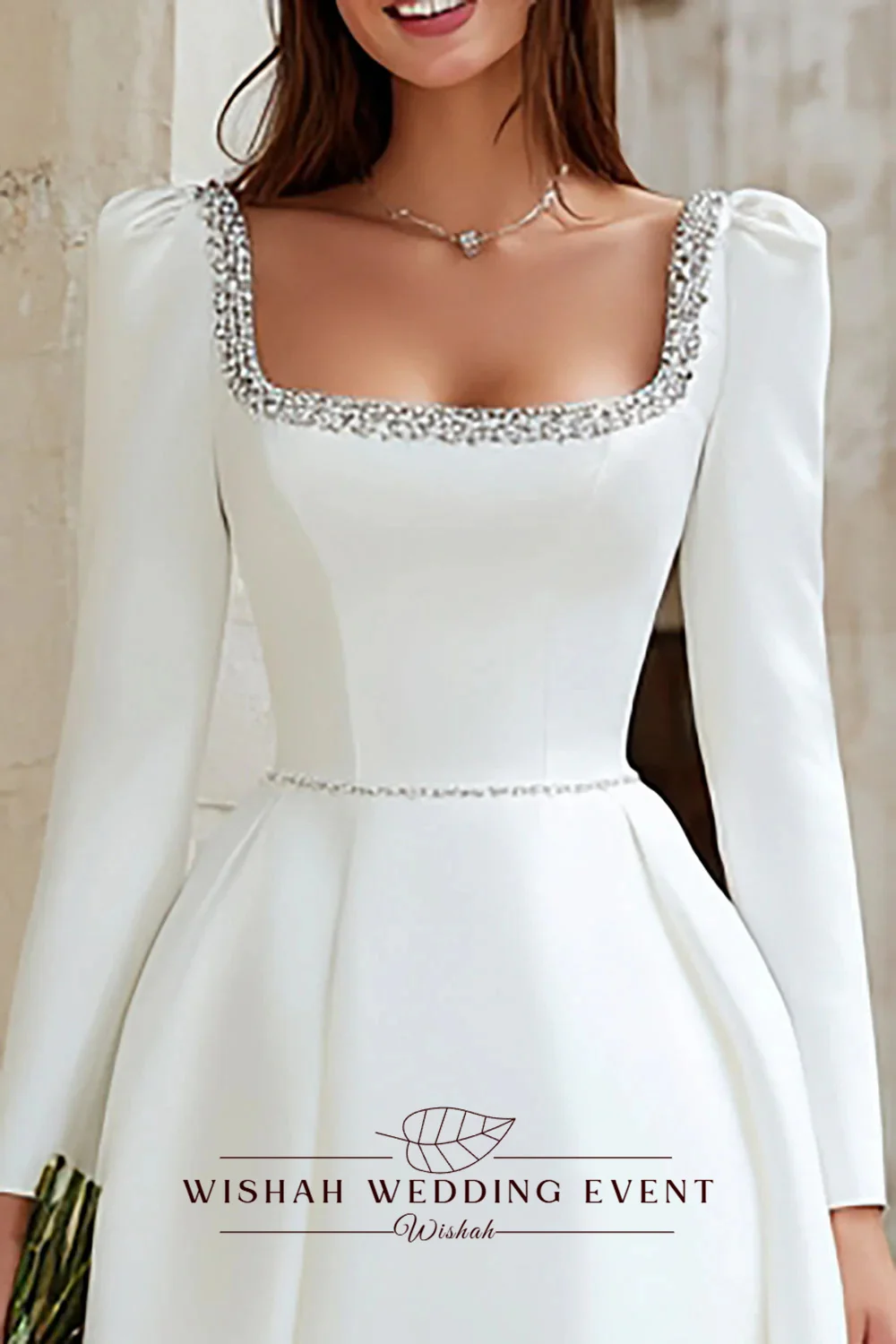 Wishah Customized Elegant Backless White Square Collar Rhinestone Long sleeve A-line Short Bridal Gown for Wedding Party 2027