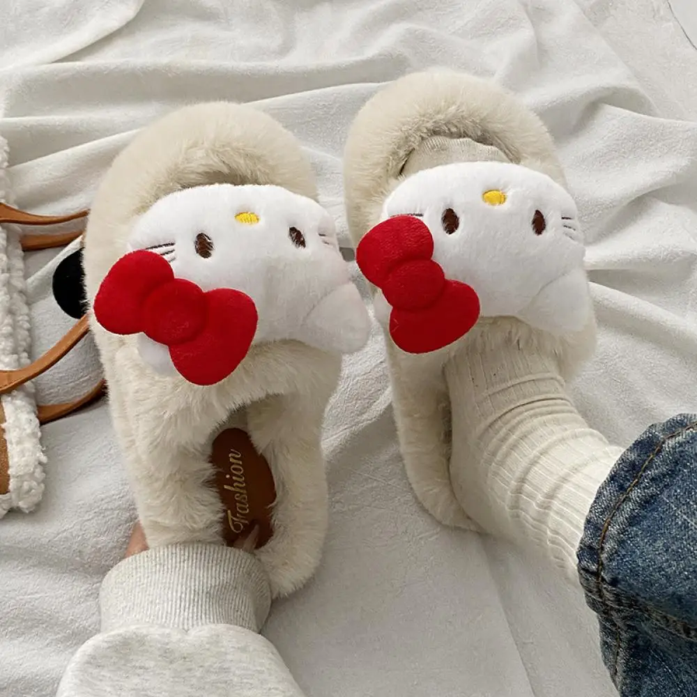 Warme Plüsch-Baumwoll-Hausschuhe, süße Hello Kitty Sanrio Damen-Winter-Innen-Kt-Anti-Rutsch-Schuhe, Haushalt, Mädchen-Hausschuhe mit dicken Sohlen