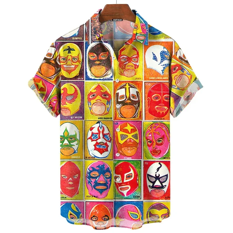 Hawaiian Men's Shirt, Mexican Wrestling Print, 3D Men's Streetwear, Short Sleeved Top, Women's Children's Fashion Clothing