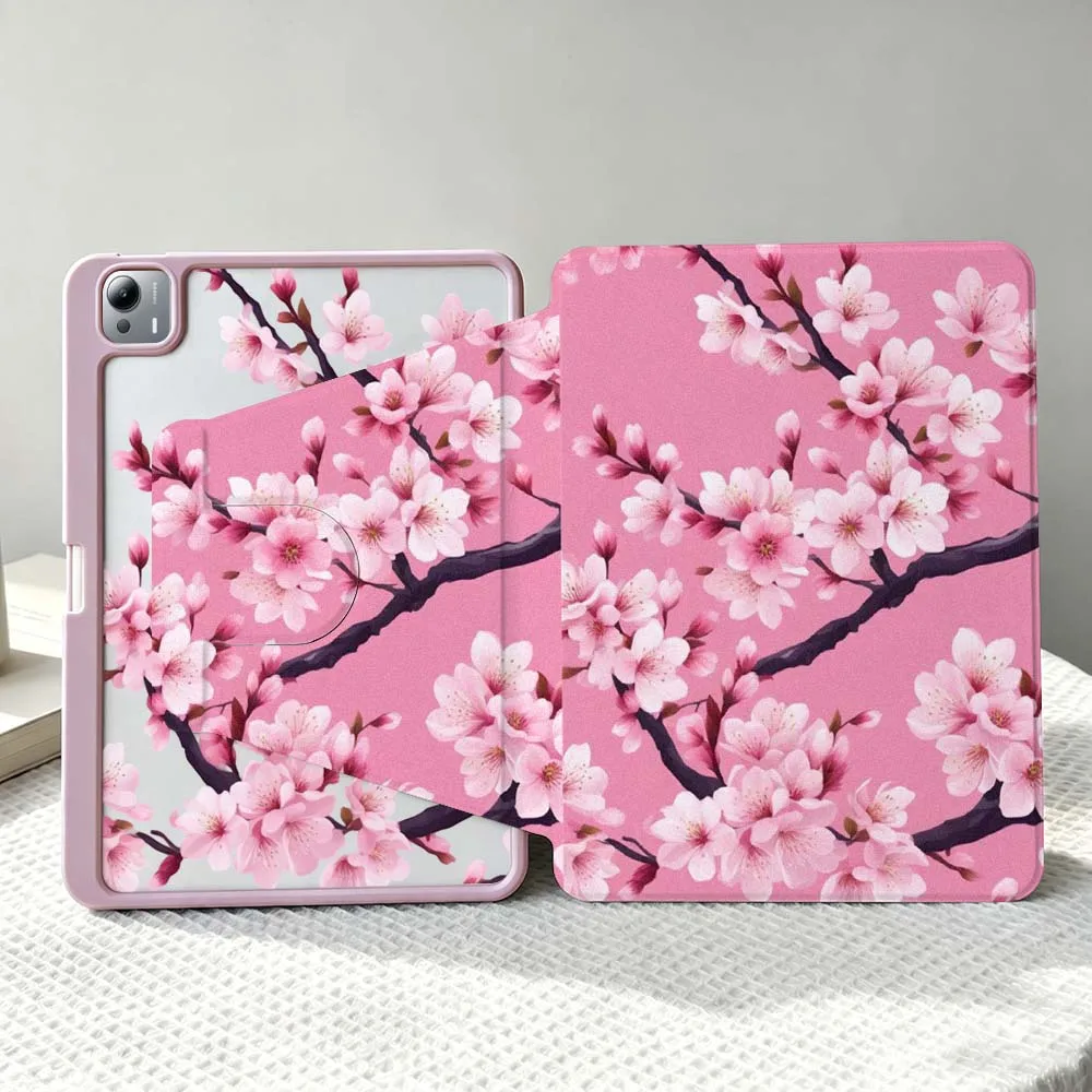 Pink Cherry Blossom Pattern For Xiaomi Mi Redmi Poco Pad 8 7 7S 6 6S 5 SE Pro Ultra 360° Rotation Stylus Storage Tablet Case