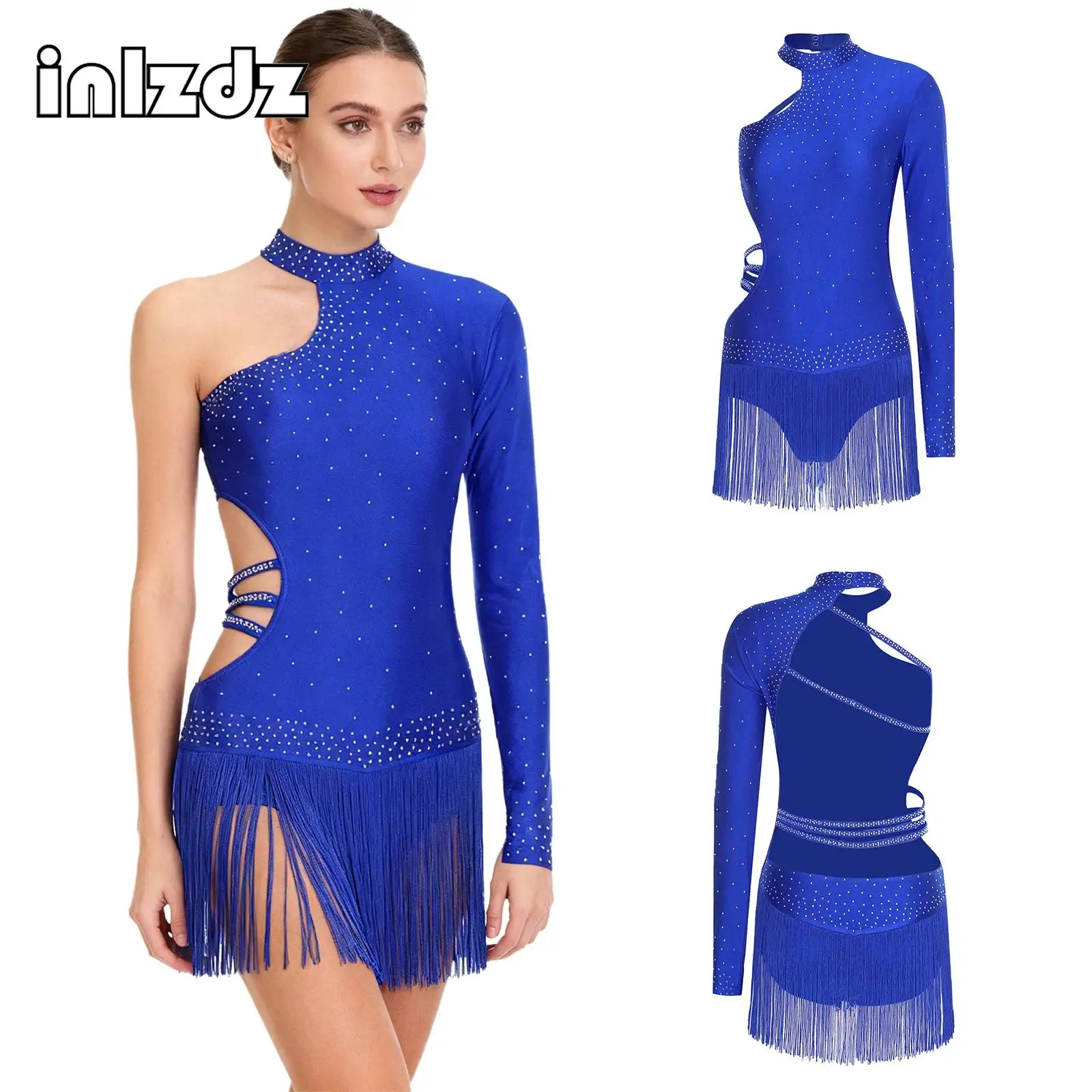 

Women's Latin Dance Glittery Bodysuits Single Long Sleeve Tassel Waist Openable Crotch Leotards Jumpsuits for Chacha Tango Proms