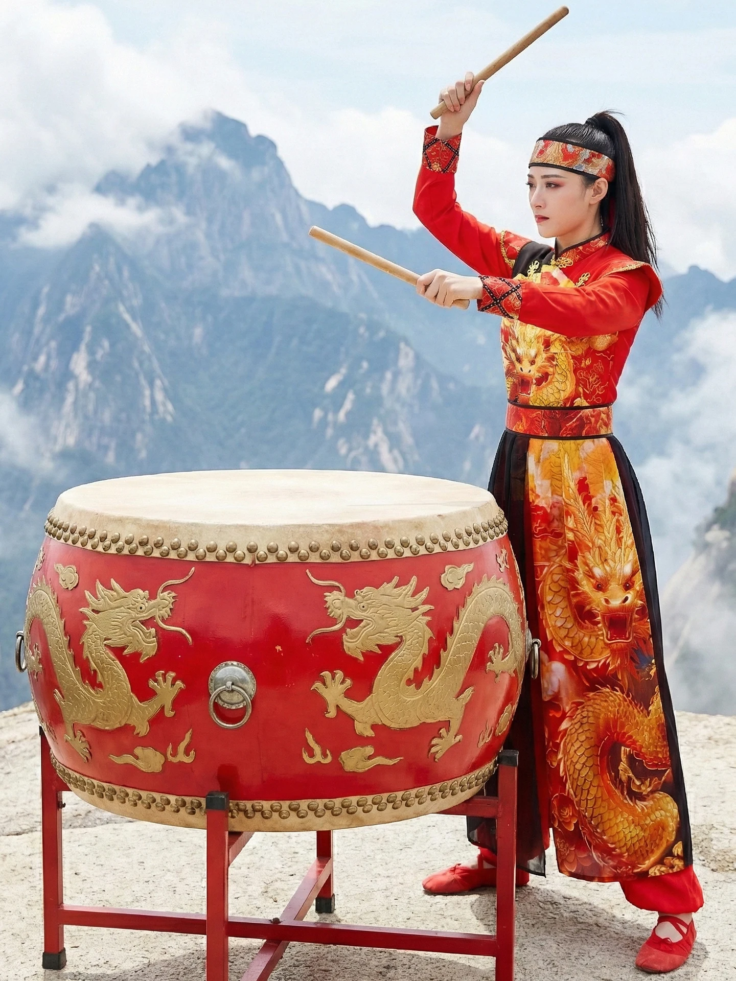 

New Red Performance Costume Women's Drums Dancing Outfit Festive Sle Large Drum Knoing Lion Dance Costume Stage Performance