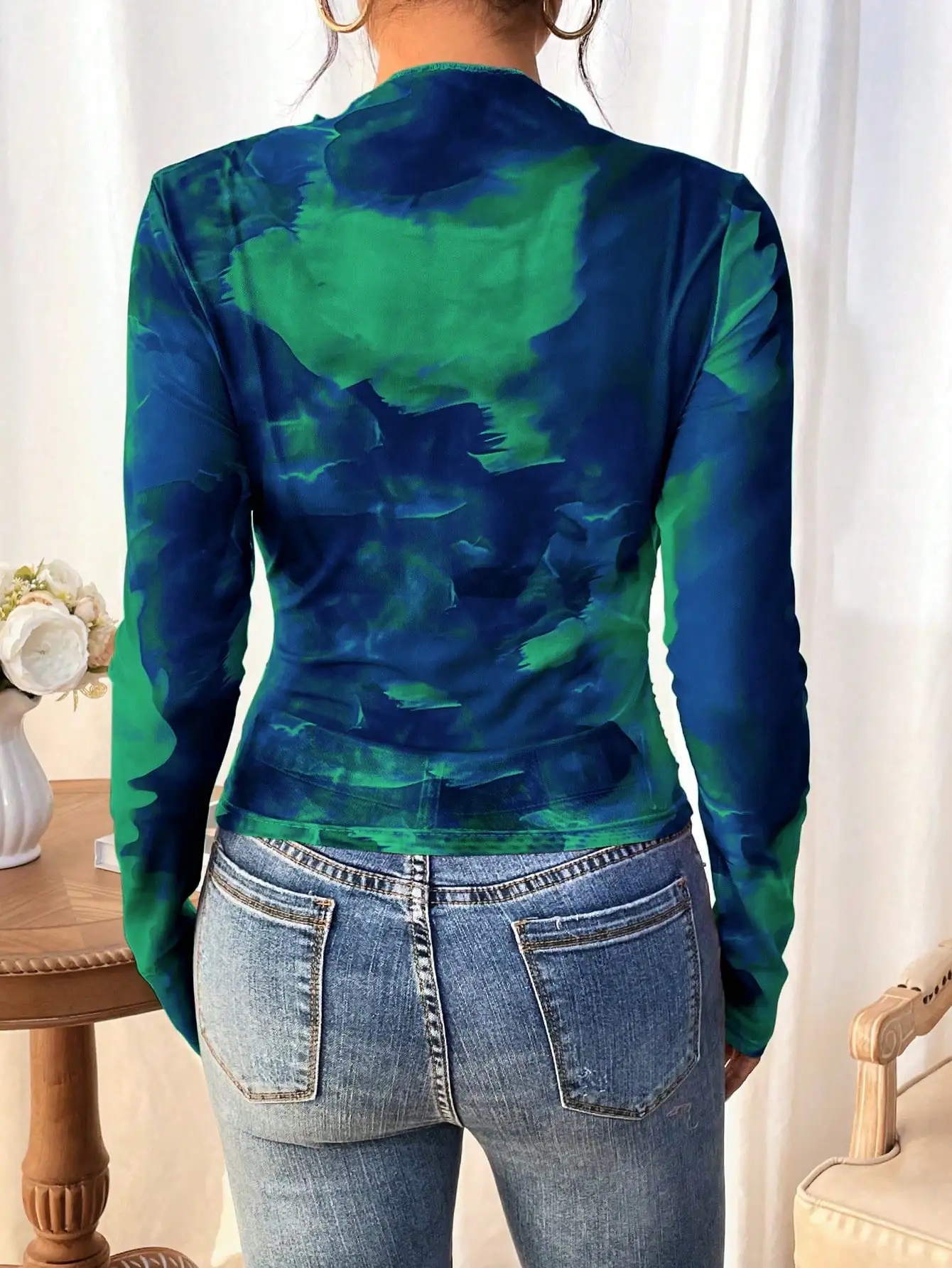 Elegant fashion women's T-shirt Small stand collar long sleeve frilly tie dye knit women's T-shirt