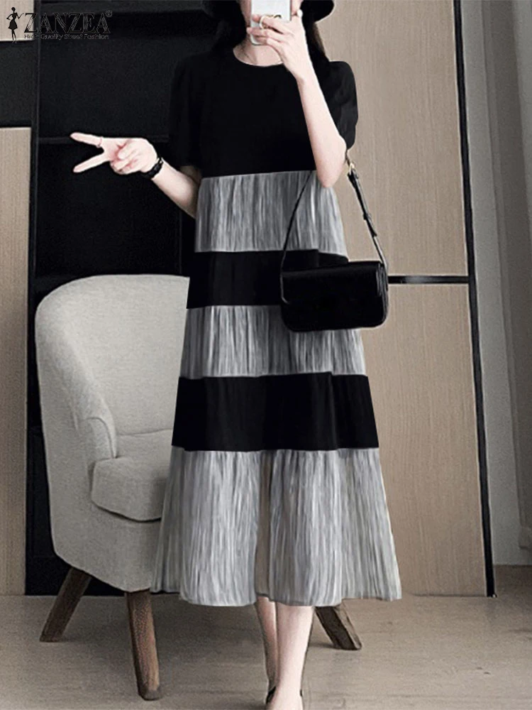 ZANZEA-Vestido Midi em Camadas com Decote A feminino, manga curta folhada, linha A, enrugado, curto, elegante, moda coreana, bloco de cores
