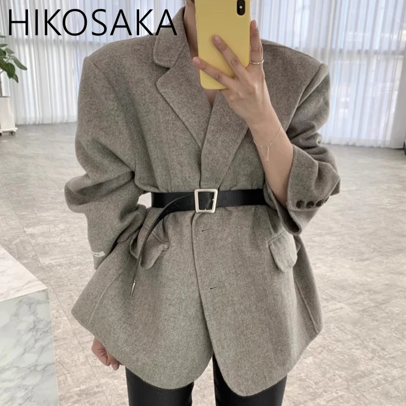 Korean Commuter Notched Collar Long Sleeve Women\'s Jacket Single Breasted All-match Coat Women Loose Sashes Pocket Veste Femme