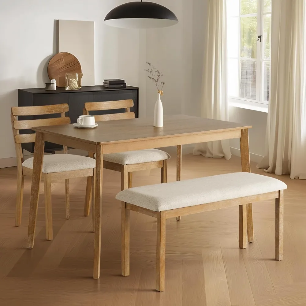 

4-piece Farmhouse Dining Table, Wooden Table with 2 Chairs, Bench, Medieval Modern Wooden Table, and Cushioned Chairs