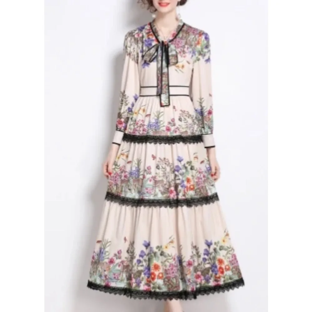 Elegant Long Sleeves Vintage Bow Neck Lace-up Chic Print Lace Spliced Slim Dresses Evening High Street Autumn Winter Clothing