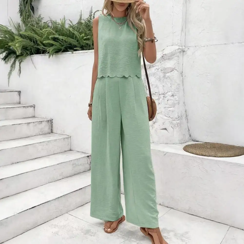 

Women's Summer Muscle Simple Everyday Old Money Style Linen Tie Two Piece Set, Shell Trimmed Sleeveless Top And Pants Set