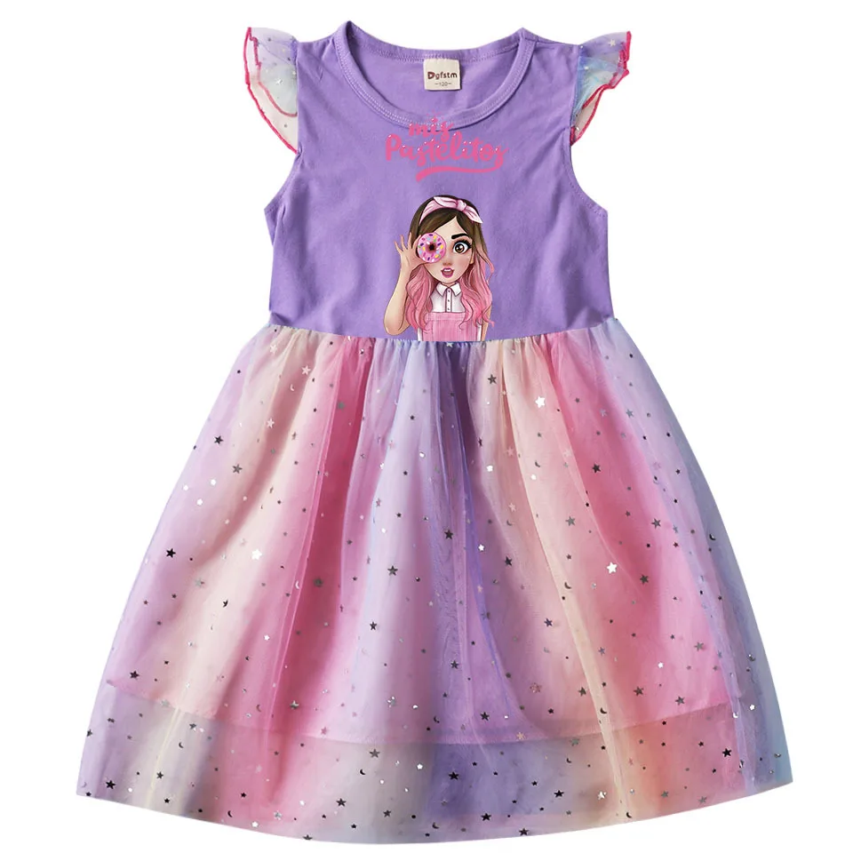 Mis Pastelitos Dress Kids Cotton Sleeveless T Shirt Mesh Dresses Toddler Girls Princess Dress Children Wedding Party Vestidos