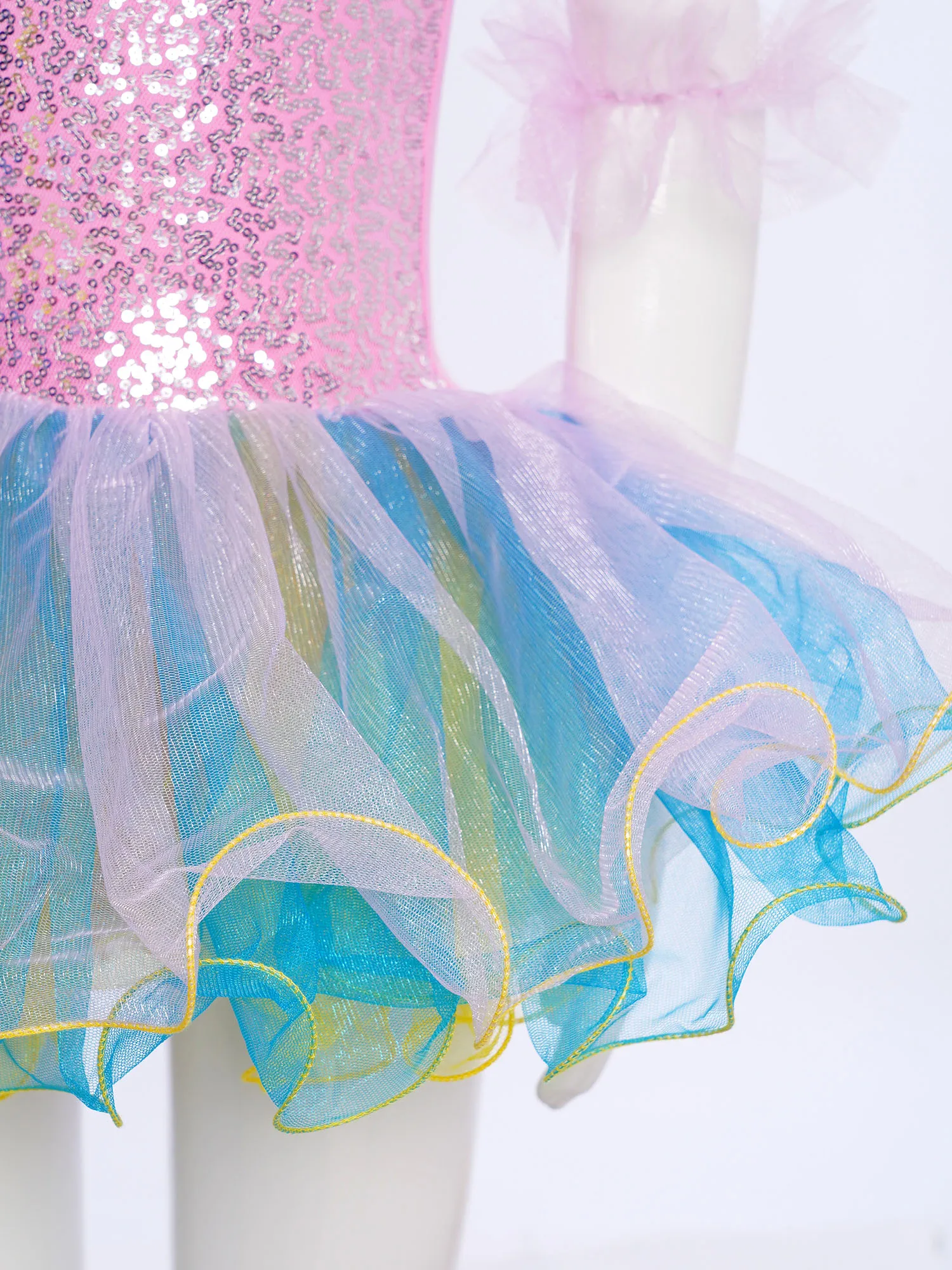 Ballett-Tanzkleid für Mädchen, Rüschenärmel, verstellbare Träger, glänzende Pailletten, Mieder, mehrlagiges Tüll-Tutu-Kleid + Kopfbedeckung + Manschetten-Set