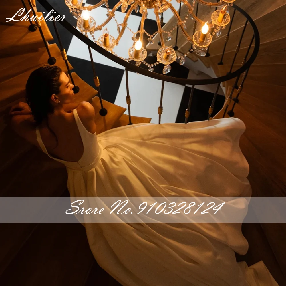 Lhuilier Customized A Line V Neck Satin Wedding Dresses V Backless Sleeveless Bridal Gowns with Court Train