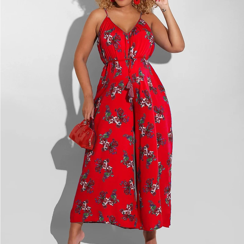 2023 New Floral Print Suspenders V-neck Loose Wide-leg Jumpsuit Sleeveless Wide-leg Jumpsuit High Waist Loose One-piece Jumpsuit