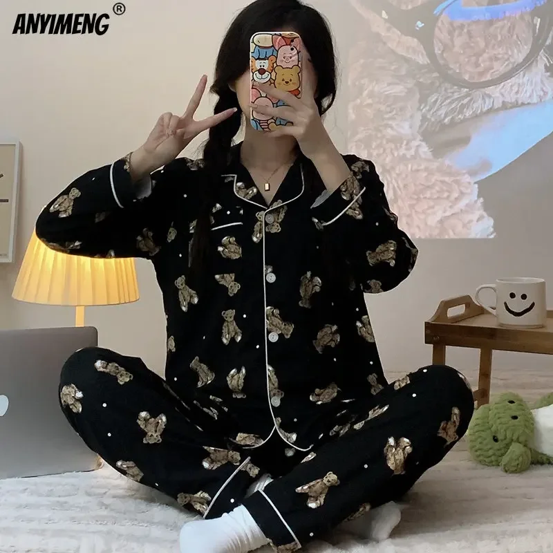 Full of Cats Printing Pajamas Set for Woman Autumn Spring Soft Cotton Sleepwear for Girl Kawaii Turn-down Collar Casual Homesuit