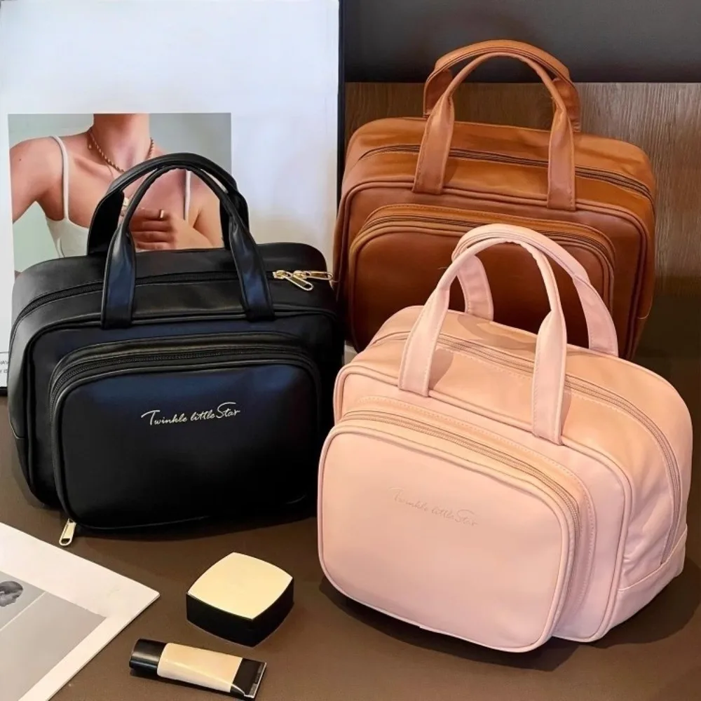 Fashion Storage Makeup Bag Portable Handle Cosmetic Container PU Leather Multifunctional Travel Wash Pouch Data Cable Storage