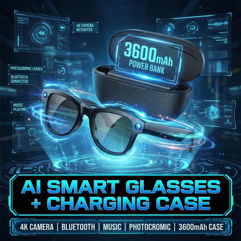 

AI Smart Glasses Sports HD Camera Bluetooth Call Voice Assistant Outdoor Photochromic Sunglasses Charging Case Eyeglasses UV400