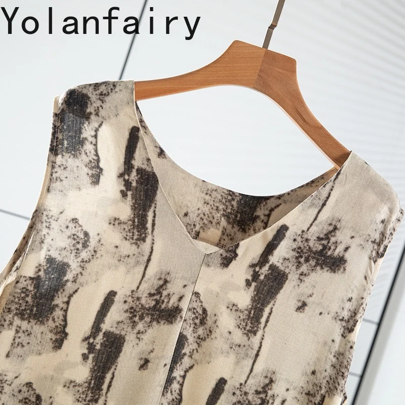 YOLANFAIRY 70% Mulberry Silk 30% Cotton Dress Woman Summer Elegant Printed Sleeveless Ladies Dresses Slit Pocket Casual Dress