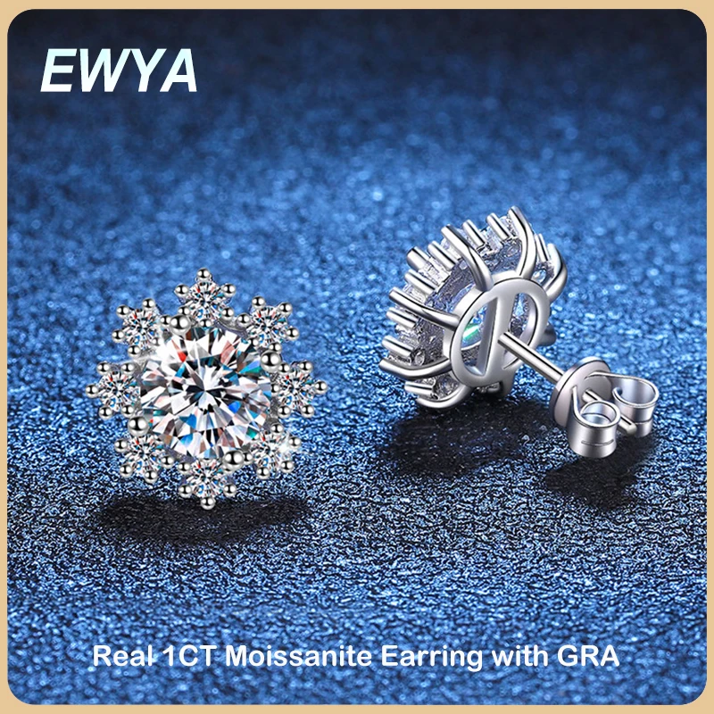 Ewya 1CT D สีอินเทรนด์6.5มม. เกล็ดหิมะโมอิสซาไนท์ต่างหูตุ้มหูผู้หญิง S925สเตอร์ลิงเงินเครื่องประดับที่ดี