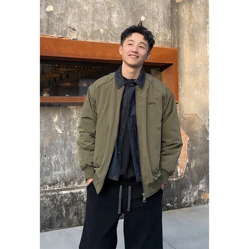 

Мужская джинсовая куртка с пэчворком из хлопка, утепленная, стеганая, теплая зимняя куртка, повседневная, на молнии, с длинными рукавами, стандартной длины