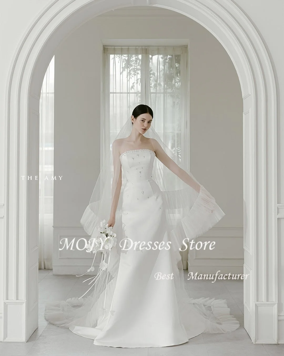 Mojy Abiti da sposa senza spalline personalizzati senza maniche in raso con perline Abiti da sposa con spacco laterale piuttosto bianco Sposa da donna