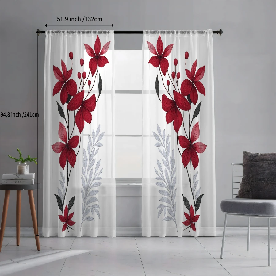 2PCS Digital Print Sheer Curtains, Lovely Red Lily Flowers, Bold Elegant Floral Summer Style for Bedroom Living Room Home Decor