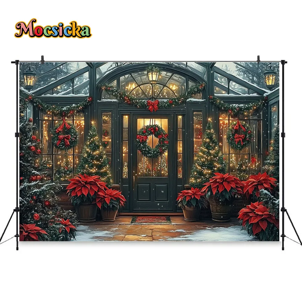 Winter Greenhouse Photography Background for Girls Birthday Christmas Tree Glitter Lights Garland Backdrop Family Photo Studio