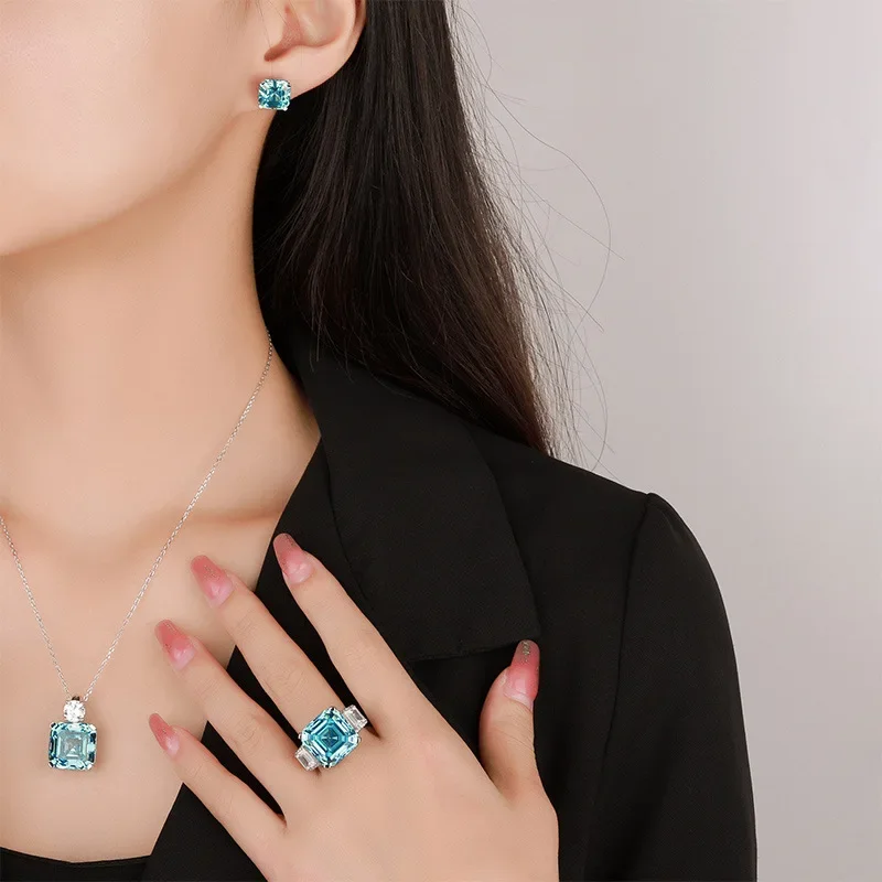 

S925 silver plated PT950 inlaid with high carbon diamond Asscher aquamarine princess pendant set 15*15-10*10