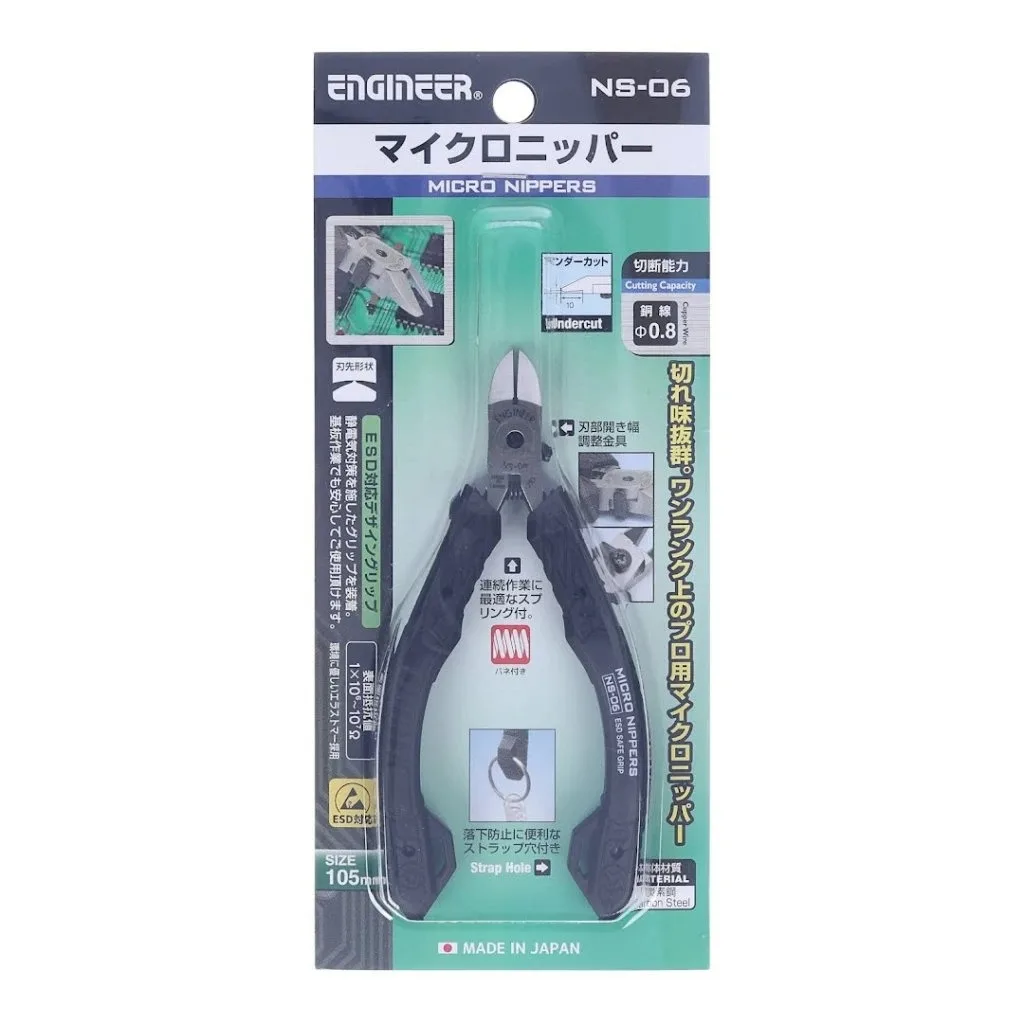 engineer-ns-06-micro-nippers-japanese-precision-side-cutters-112mm-stepped-head-for-electronics-flush-pcb-cutting-esd-safe-grip